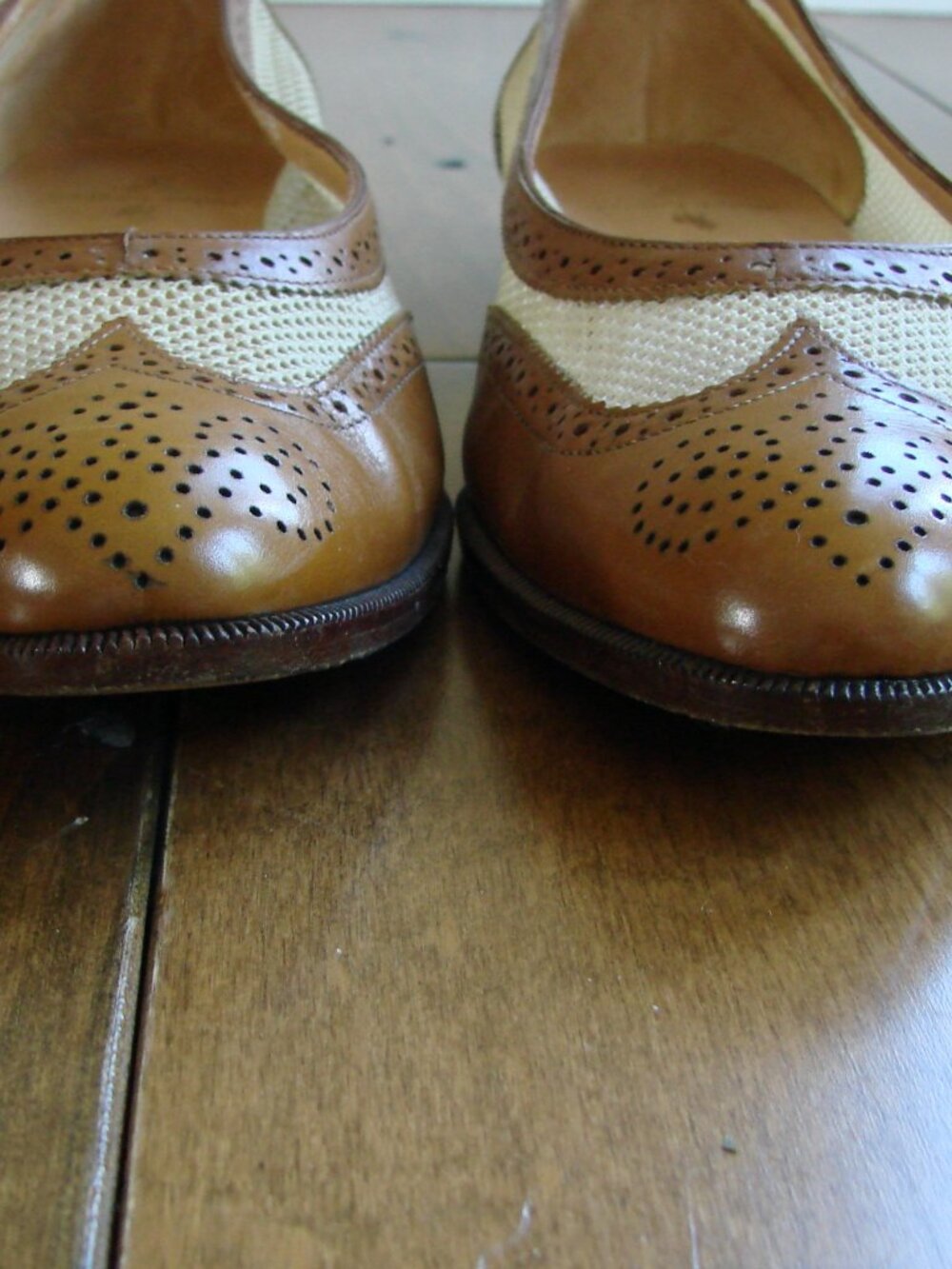 Ralph Lauren Leather Ballet Flat Brown Cream Mesh Flats Loafers Wingtip Size 6.5 - Picture 7 of 15
